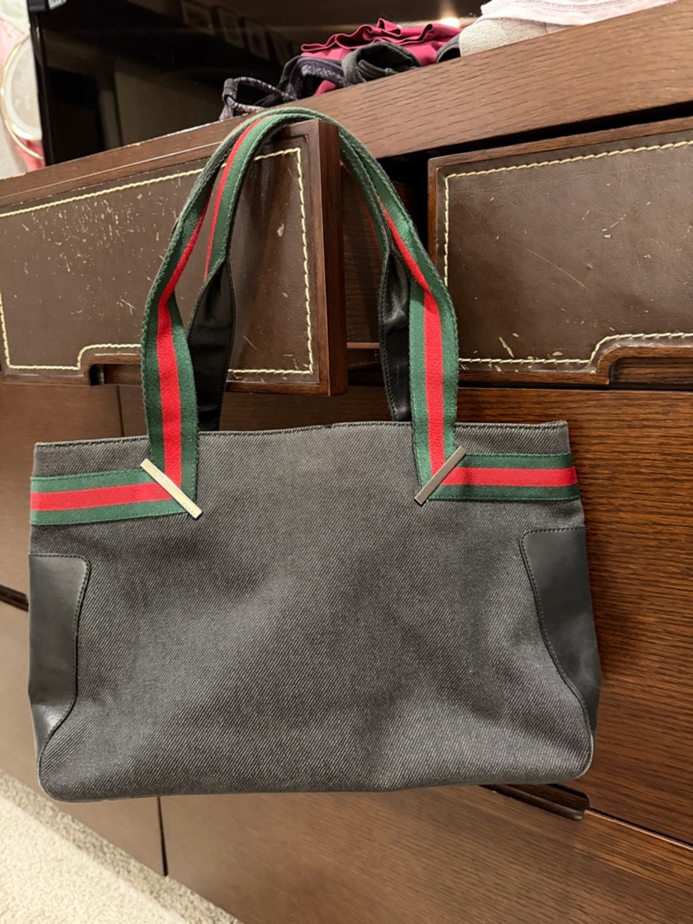 Gucci Web Stripe Shoulder Tote with Red and Green Straps